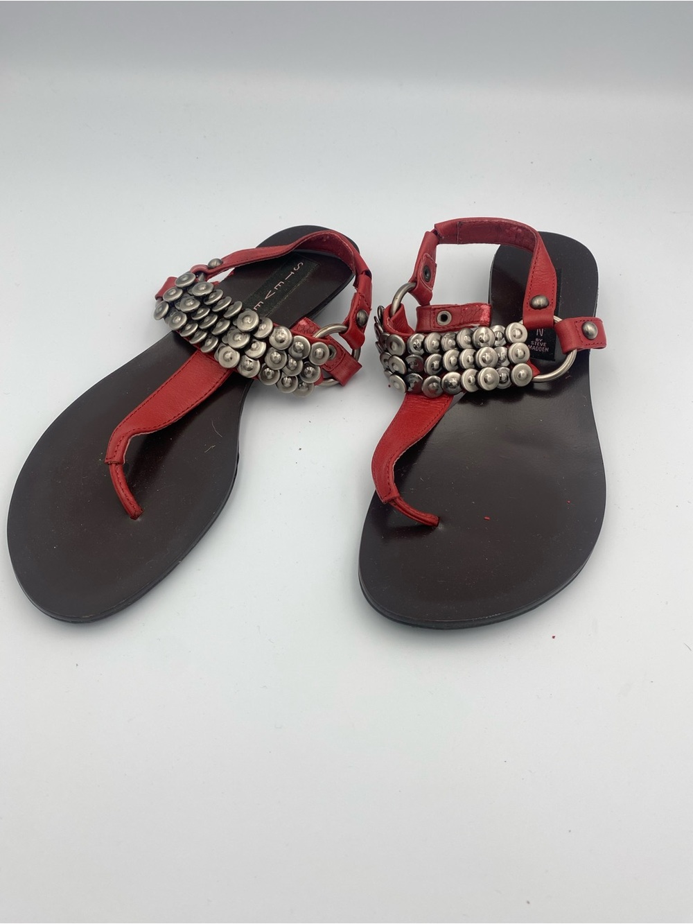 Steve Madden Red Studded T-Strap Sandals for Women